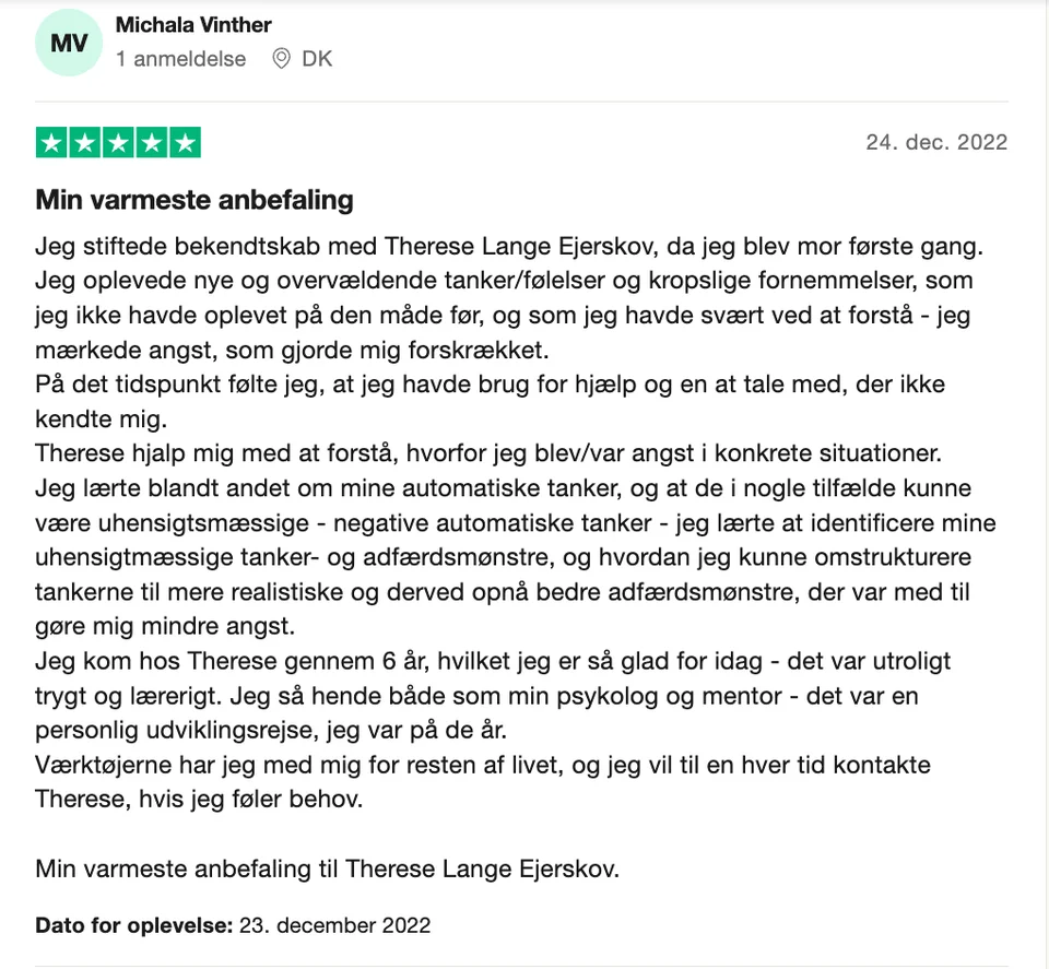 Autoriseret Psykolog anmeldelse Trustpilot Nordsjælland Trustpilot-anmeldelse med 5 stjerner af Therese Ejerskov, autoriseret psykolog