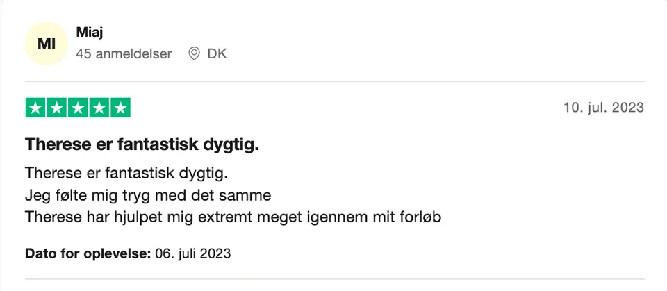 Psykolog anmeldelse Fredensborg Trustpilot-anmeldelse med 5 stjerner af Therese Ejerskov, autoriseret psykolog i Fredensborg