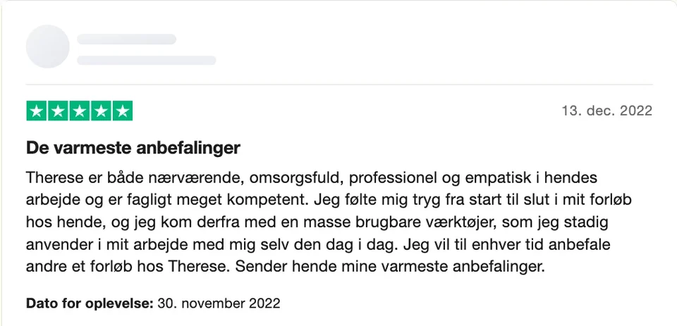 Trustpilot-anmeldelse med fem stjerner fra december 2022. Anmelderens navn er skjult.