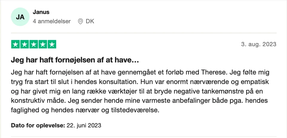 Autoriseret Psykolog anmeldelse Nordsjælland Trustpilot-anmeldelse med 5 stjerner af Therese Ejerskov, autoriseret psykolog i Nordsjælland