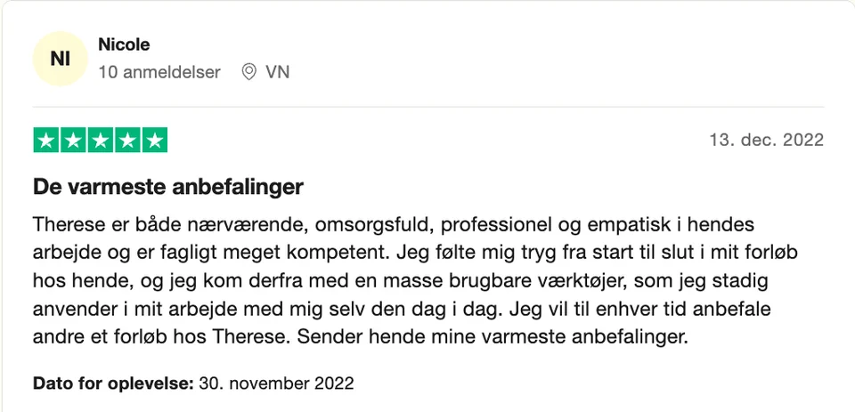Autoriseret Online Psykolog anmeldelse Trustpilot Nordsjæalland Trustpilot-anmeldelse med 5 stjerner af online psykologforløb hos Therese Ejerskov