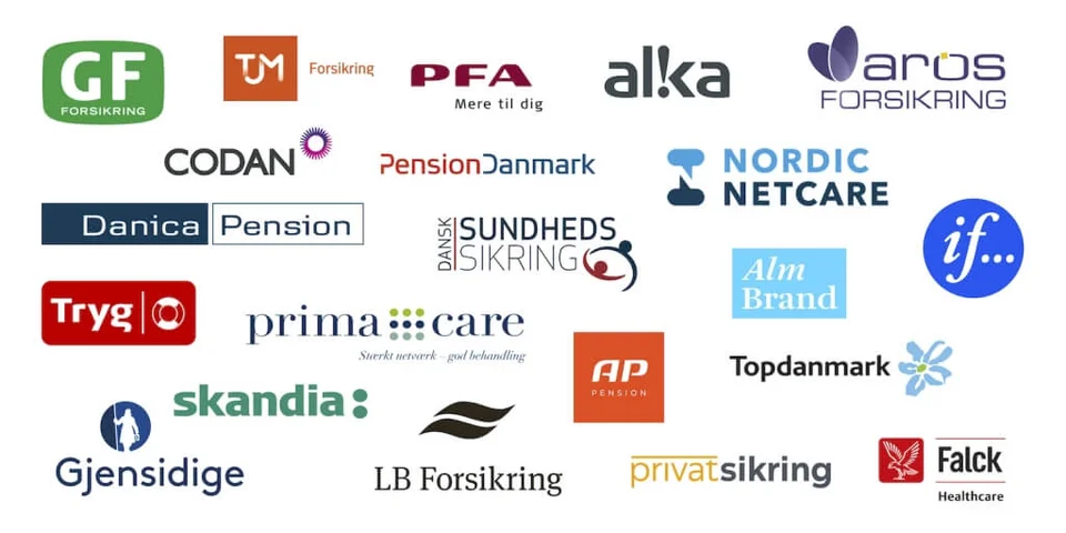 Billede, der viser de forskellige sundhedsforsikringer, som en psykolog kan samarbejde med.